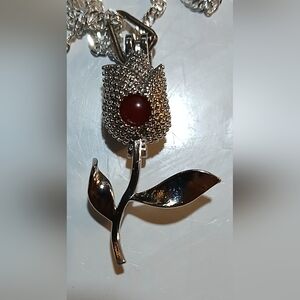 Silver and Red Tulip Pendant Necklace